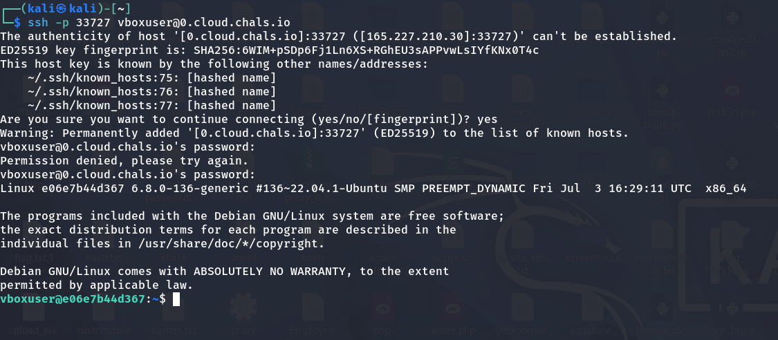 Successful SSH login as vboxuser Successful SSH login as vboxuser