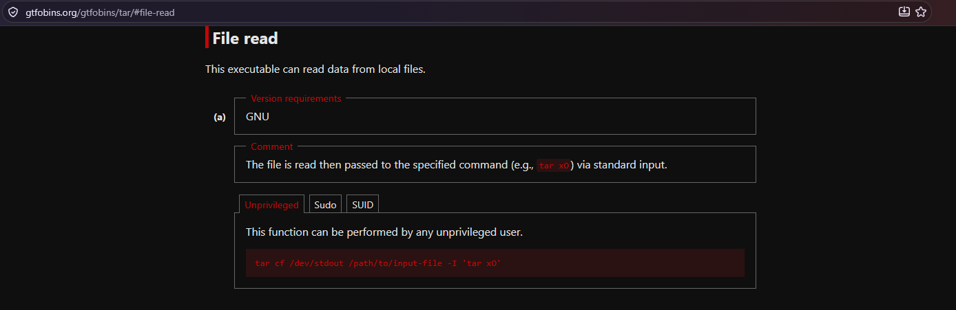 GTFOBins tar file-read GTFOBins tar file-read