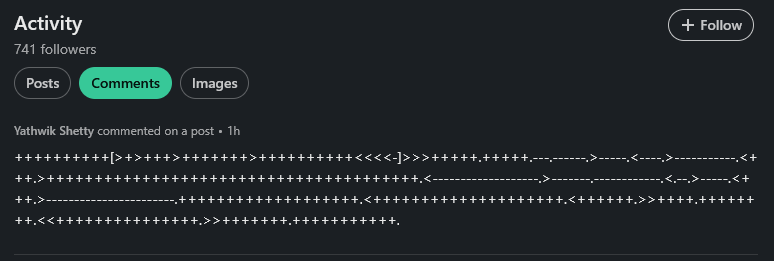 LinkedIn comment with Brainfuck code LinkedIn comment with Brainfuck code